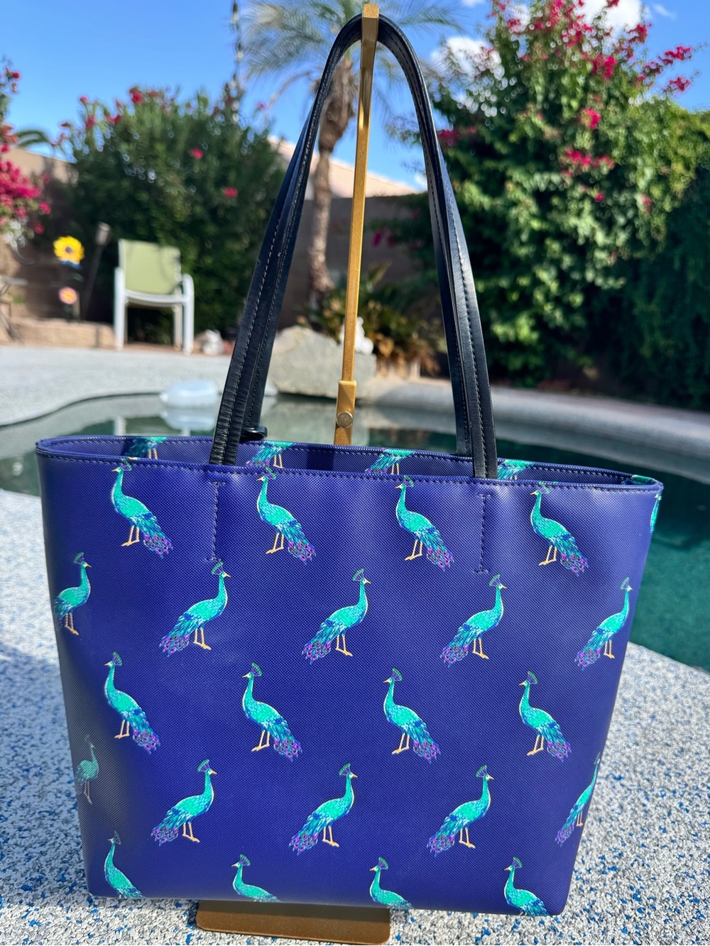 Kate Spade Peacock Handbag - Navy Tote with Teal Peacock Print - EUC - Picture 2 of 16